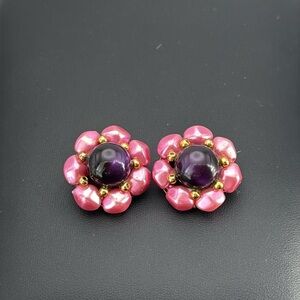 Vintage pink and purple floral cluster statement clip on earrings